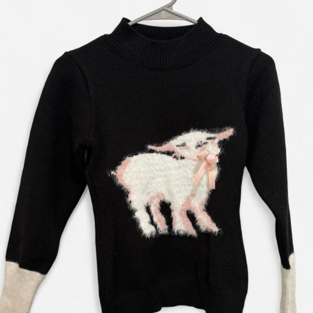 Women's Preppy Cottage Core Goat Sweater with Pink Ribbon & Cream Cuffs